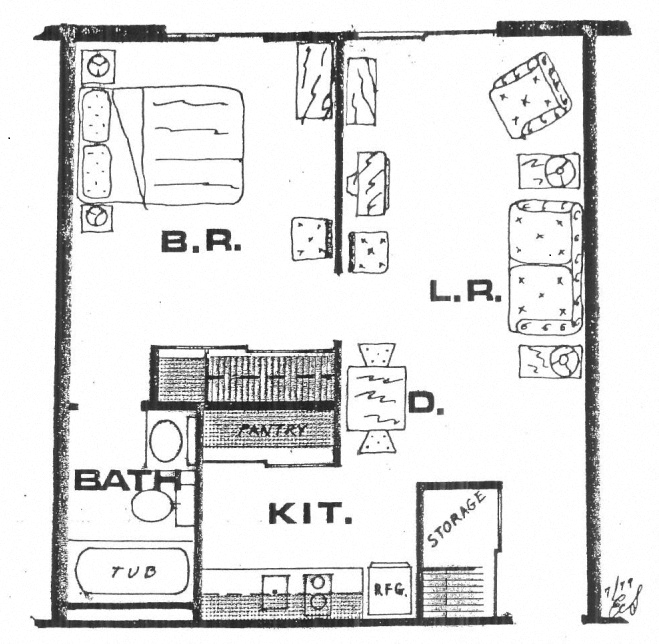 Floor plan for 1 bed, 1 bath, 528 sqft